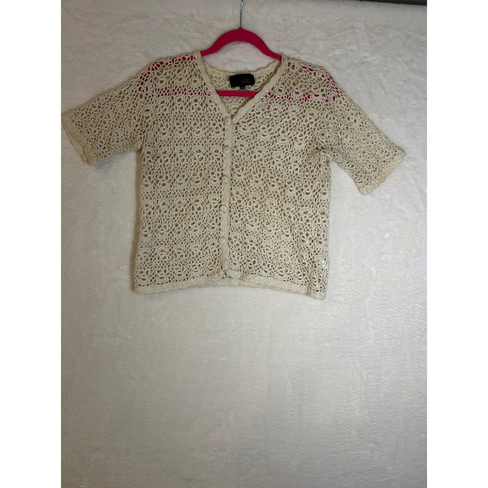 Pariscope Vintage Crochet Cardigan Cream Short Sleeve Cotton Knit Top Medium